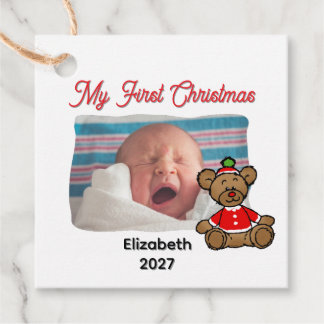Baby Första Julen Foto Anpassad Brun Teddybjörn Gåvor Etiketter