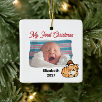 Baby Första Julen Foto Anpassad Ginger Katt Julgransprydnad Keramik