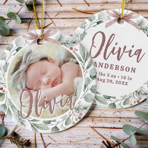 Baby Första Julen Foto Dusty Rose & Grönska Julgransprydnad Keramik