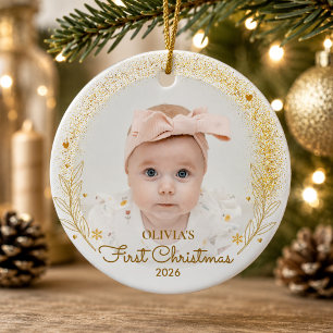 Baby Första Julen Foto Namn År Guld Julgransprydnad Keramik