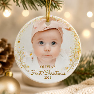 Baby Första Julen Foto Namn År Guld Julgransprydnad Keramik