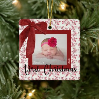 Baby Första Julen Foto Röd Rosett Julgransprydnad Keramik
