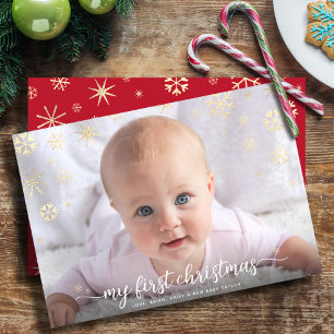 Baby Första Julen Foto Script Guld Snöflinga