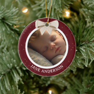 Baby Första Julen Foto Vit Slöja Röd Julgransprydnad Keramik