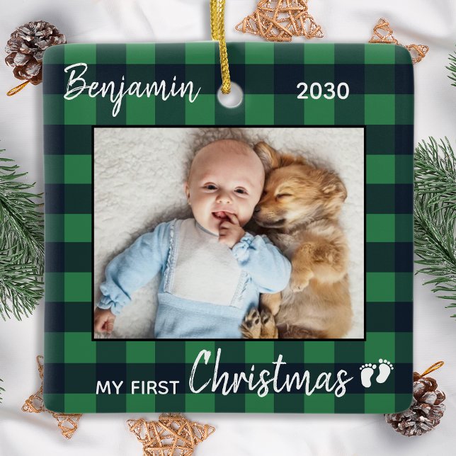 Baby Första julen Grönt Buffalo Play Photo Julgransprydnad Keramik (Skapare uppladdad)