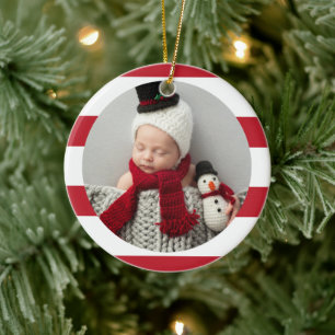 Baby Första Julen Moderna Röda Ränder Foto Julgransprydnad Keramik