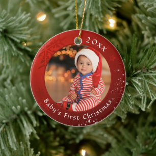 Baby Första julen Red Snowflake Stars 2 foton Julgransprydnad Keramik