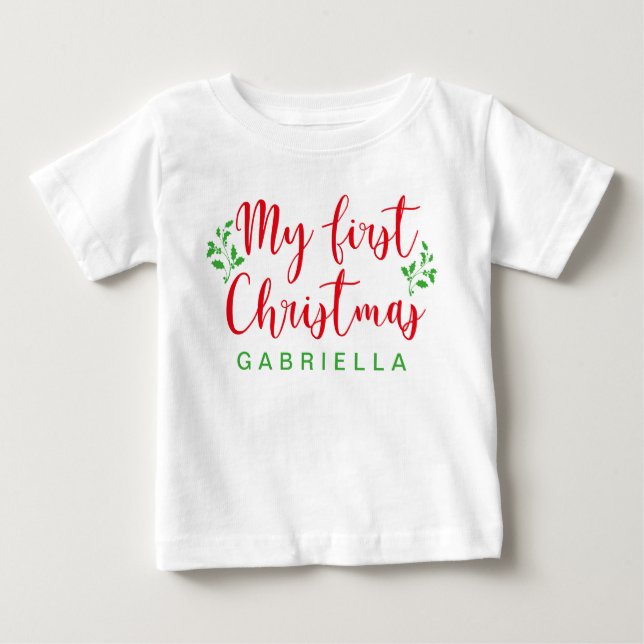 Baby Första julen Röd och Grönt Calligrafi T Shirt (Framsida)