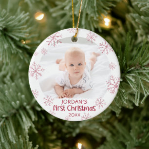 Baby Första julen Rosa Snowflake Girl 2 Photo Julgransprydnad Keramik