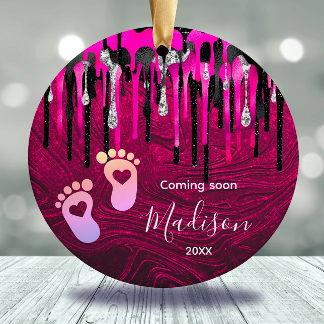 Baby första julen shock rosa svart glitter dropp julgransprydnad keramik (Skapare uppladdad)