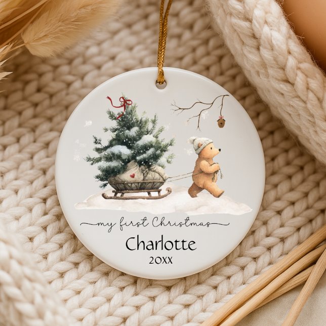 Baby Första Julen Skogs Björn Julgransprydnad Keramik (Personalize baby first Christmas with this heartwarming bear in the woods.)