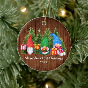 Baby Första julen - vattenfärg Gnomes Rustic Julgransprydnad Keramik