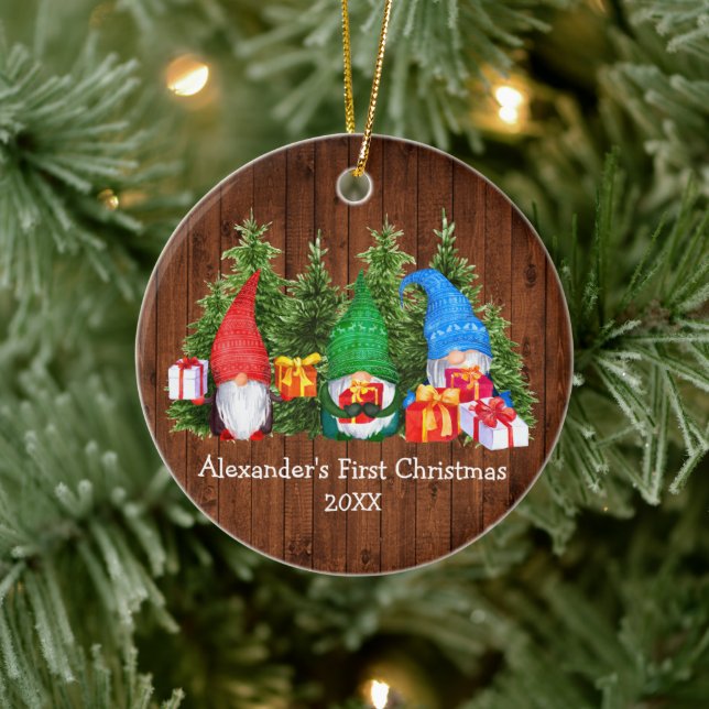 Baby Första julen - vattenfärg Gnomes Rustic Julgransprydnad Keramik (Träd)