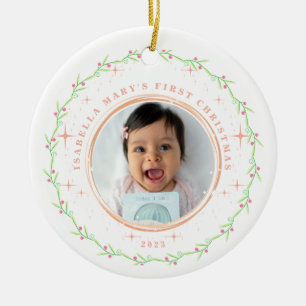 Baby Första julens Grönt Rosa Photo Ornament