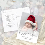 Baby första julfödelsedag Fotoöverlägg Helg Vykort<br><div class="desc">Baby Första julfödelsedag Foto Overlay Skicka nyheter om ditt baby-besök tillsammans med ditt festliga önskemål på ett bekvämt vykort. Byt ut exempelbilden mot din egen favorit. Min första jul är i ett skript med snyggtar och gör det enkelt att personalisera med baby namn, födelsedatum och hälsning och återlämna uppgifter om...</div>