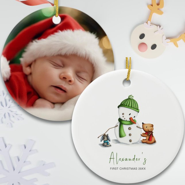 Baby första julfotfoto Snögubbe Julgransprydnad Keramik (Skapare uppladdad)