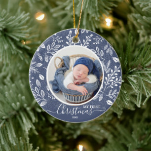 Baby Första julfoto Blue Julgransprydnad Keramik
