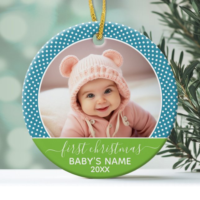Baby första julfoto - Blue Lime Julgransprydnad Keramik (Personalized Photo Ornament - Baby's First Christmas)