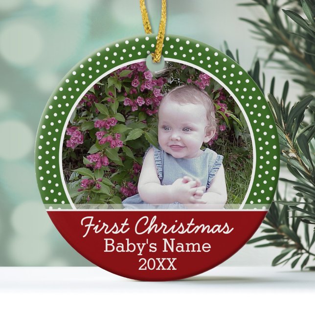 Baby första julfoto - Dubbla Sided Julgransprydnad Keramik (Personalized Photo Ornament - First Christmas)