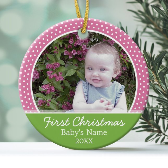 Baby första julfoto - enkelsidig julgransprydnad keramik (Personalized Photo Ornament - Baby's First Christmas)