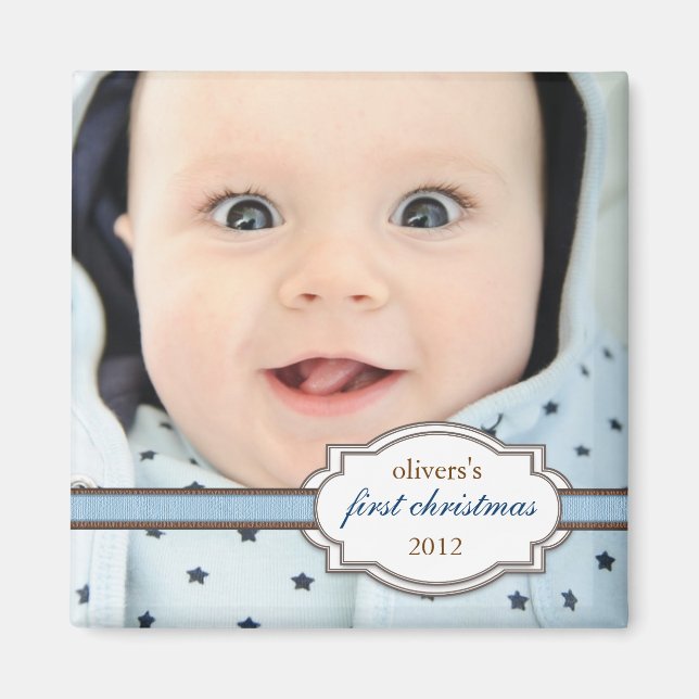 Baby Första julfoto med Faux Ribbon Blue Magnet (Framsidan)