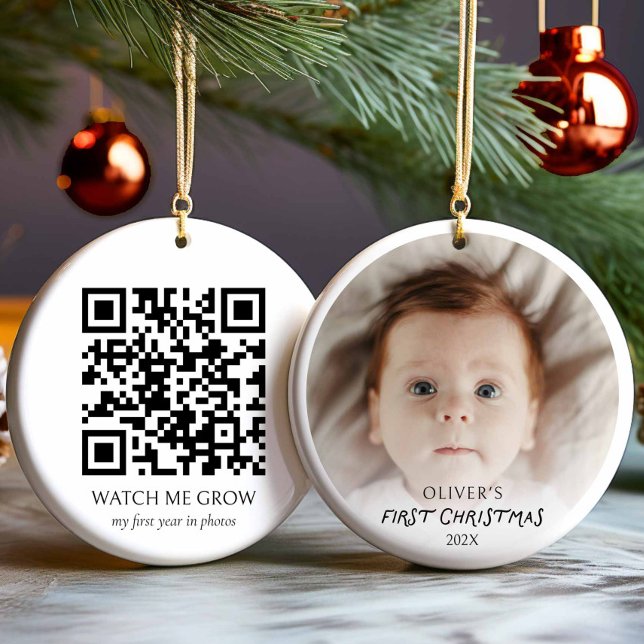 Baby första julfoto med QR-kod Julgransprydnad Keramik (Baby's First Christmas Photo Christmas Ornament with QR Code)