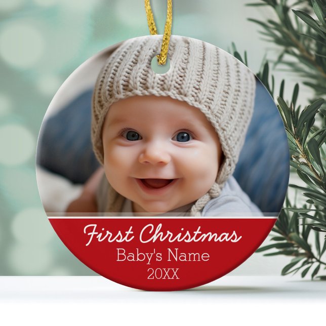 Baby första julfoto - modernt minimalistiskt julgransprydnad keramik (Baby's First Christmas Photo Ornament)