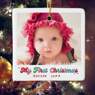 Baby Första julfoto Namn och helgdag, klassiskt Julgransprydnad Keramik