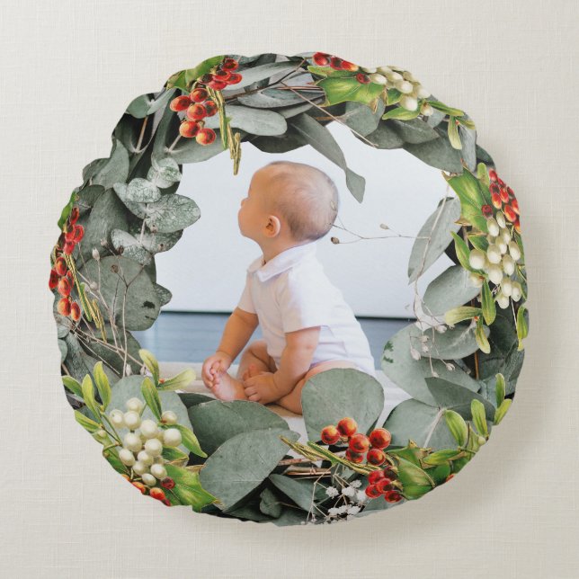 Baby Första julfoto Rund Kudde (Framsidan)