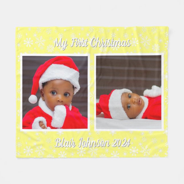 Baby Första julfoto Snöflingor Bla Fleecefilt (Framsidan (Horisontell))