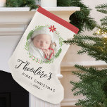 Baby Första julfotopappen Namn Liten Julstrumpa<br><div class="desc">Lägg till ditt favoritfoto från baby till första julklappen.</div>