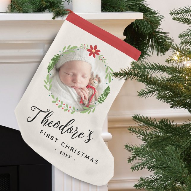 Baby Första julfotopappen Namn Liten Julstrumpa (Baby's First Christmas Photo Wreath Name Small Christmas Stocking)