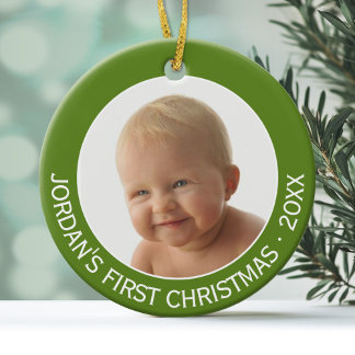 Baby första julfotopappnamn och år julgransprydnad keramik