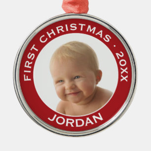 Baby första julfotopappnamn och år julgransprydnad metall