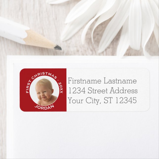Baby första julfotopappnamn och år returadress etikett (Insitu)