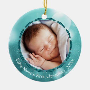 Baby Första julhelgen - Teal Bokeh Personlig Foto Julgransprydnad Keramik
