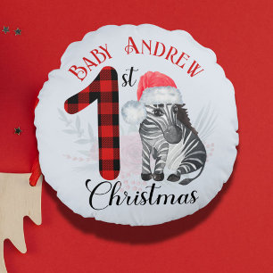 Baby Första juljulen Cute Zebra Santa Hat Namn Rund Kudde