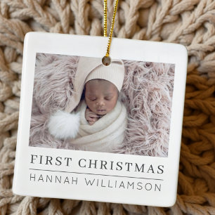 Baby första julmodern, minimalistiskt foto julgransprydnad keramik