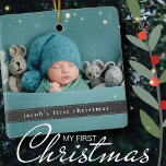 Baby Första julmodern Ribbon Photo Julgransprydnad Keramik<br><div class="desc">Cute Ribbon stil med vit stygn. Lägg till ett foto av anpassningsbarna baby för baby första jul-helgdag firande.</div>