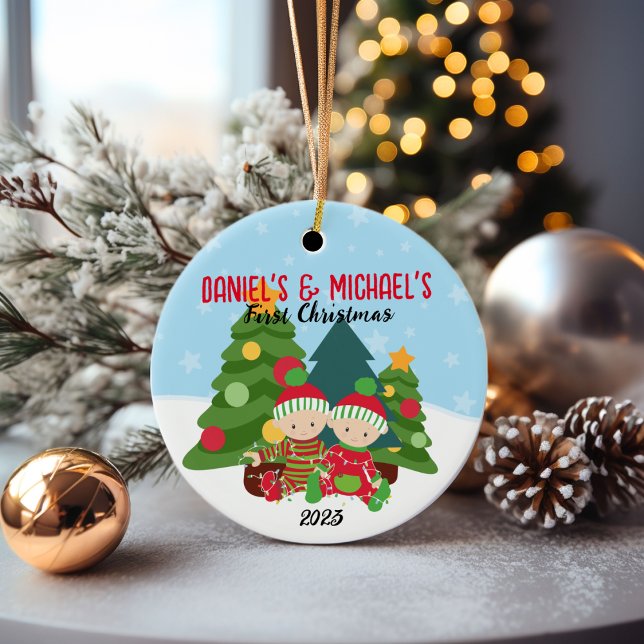 🎄 Baby första julprydnad - Twin Boys Julgransprydnad Keramik (Twin Boys Christmas Ornaments)