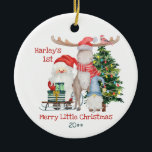 Baby Första jultomten och Helpers Photo Julgransprydnad Keramik<br><div class="desc">Julfotodekoration för baby första jul. Utformningen har en söt, vattenfärgad illustration av tomten och hans hjälplösa med ett dekorerat julgran och en bladig bild med presentförpackat presenter. Den visuella typografin lyder "[baby namn 1st] God jul" som du kan anpassa tillsammans med året. På baksidan är fotomallen inställd så att du...</div>