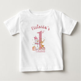 Baby Första Rosa jul. Snögubbe och hjort. T Shirt