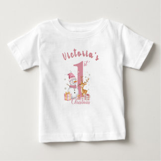Baby Första Rosa jul. Snögubbe och hjort. T Shirt