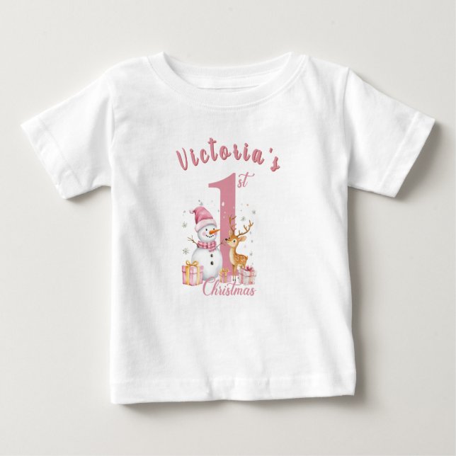 Baby Första Rosa jul. Snögubbe och hjort. T Shirt (Framsida)