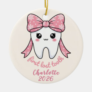 Baby Första Tand Rosa Båge Milstolpe Kawaii Tand Julgransprydnad Keramik