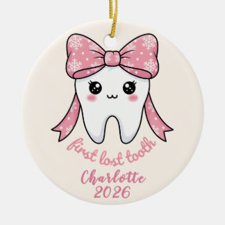 Baby Första Tand Rosa Båge Milstolpe Kawaii Tand Julgransprydnad Keramik