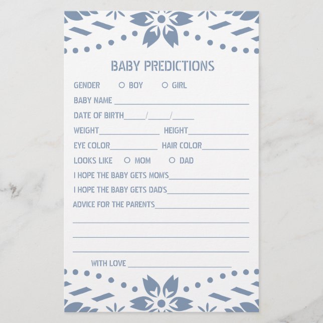 Baby-förutsägelser spel papel picado Pojke Shower Flygblad (Framsidan)