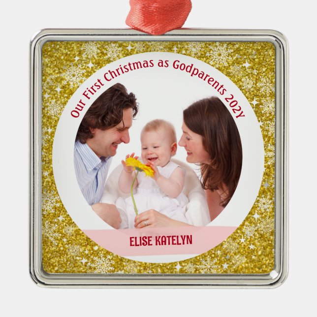 Baby Foto 1:a jul som gudföräldrar Golden Julgransprydnad Metall (Framsidan)