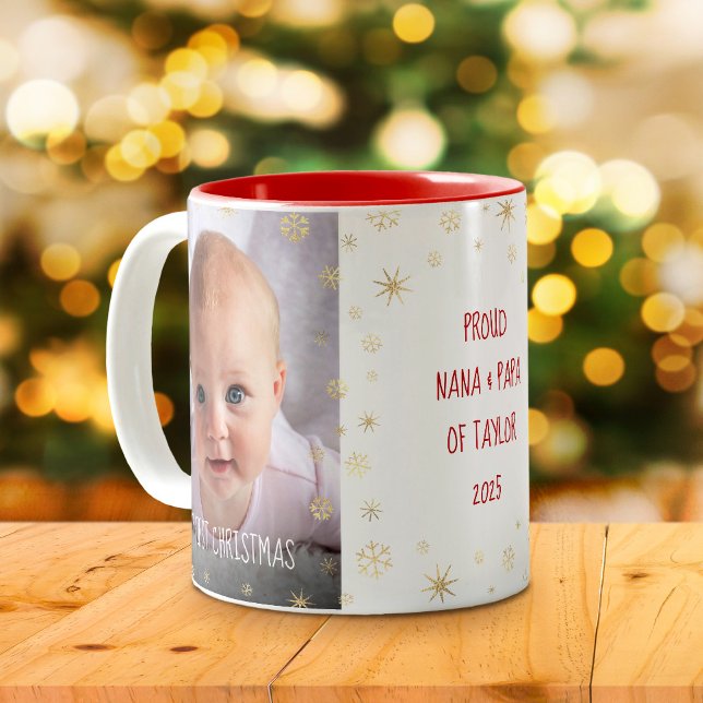 Baby Foto 1:a julen, farföräldrar Snöflingor Två-Tonad Mugg (Skapare uppladdad)