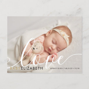 Baby Foto elegant Skript Guld Kärlek Hjärtan Födel Meddelande Vykort